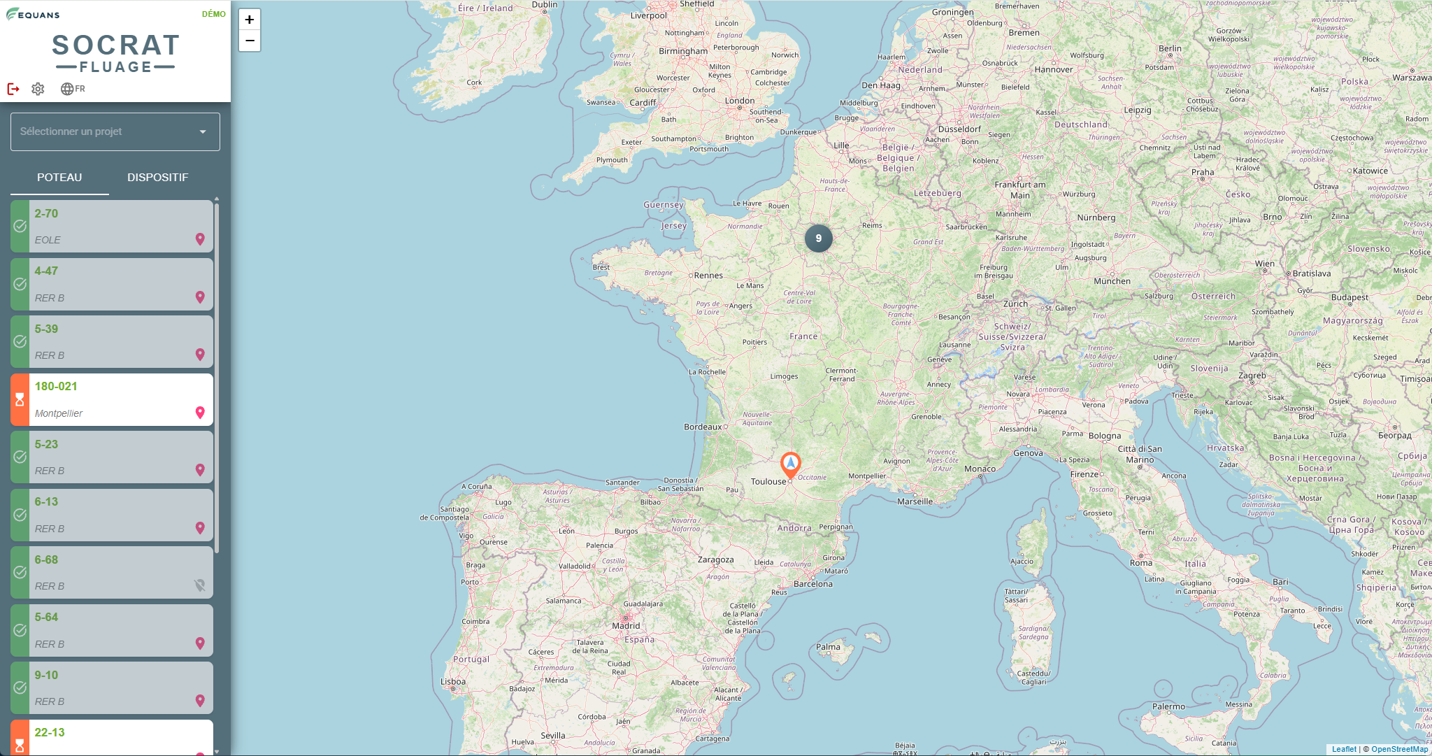 Liste des projets et distositif avec la visualisation sur carte géoréférencée dans la plateforme SOCRAT